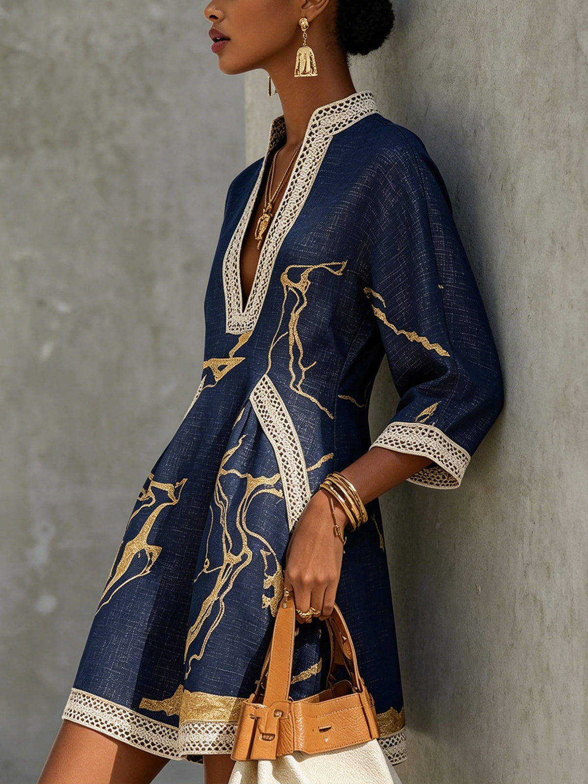 Amara | Navy Gold Printed V-neck Crochet Lace Mini Dress