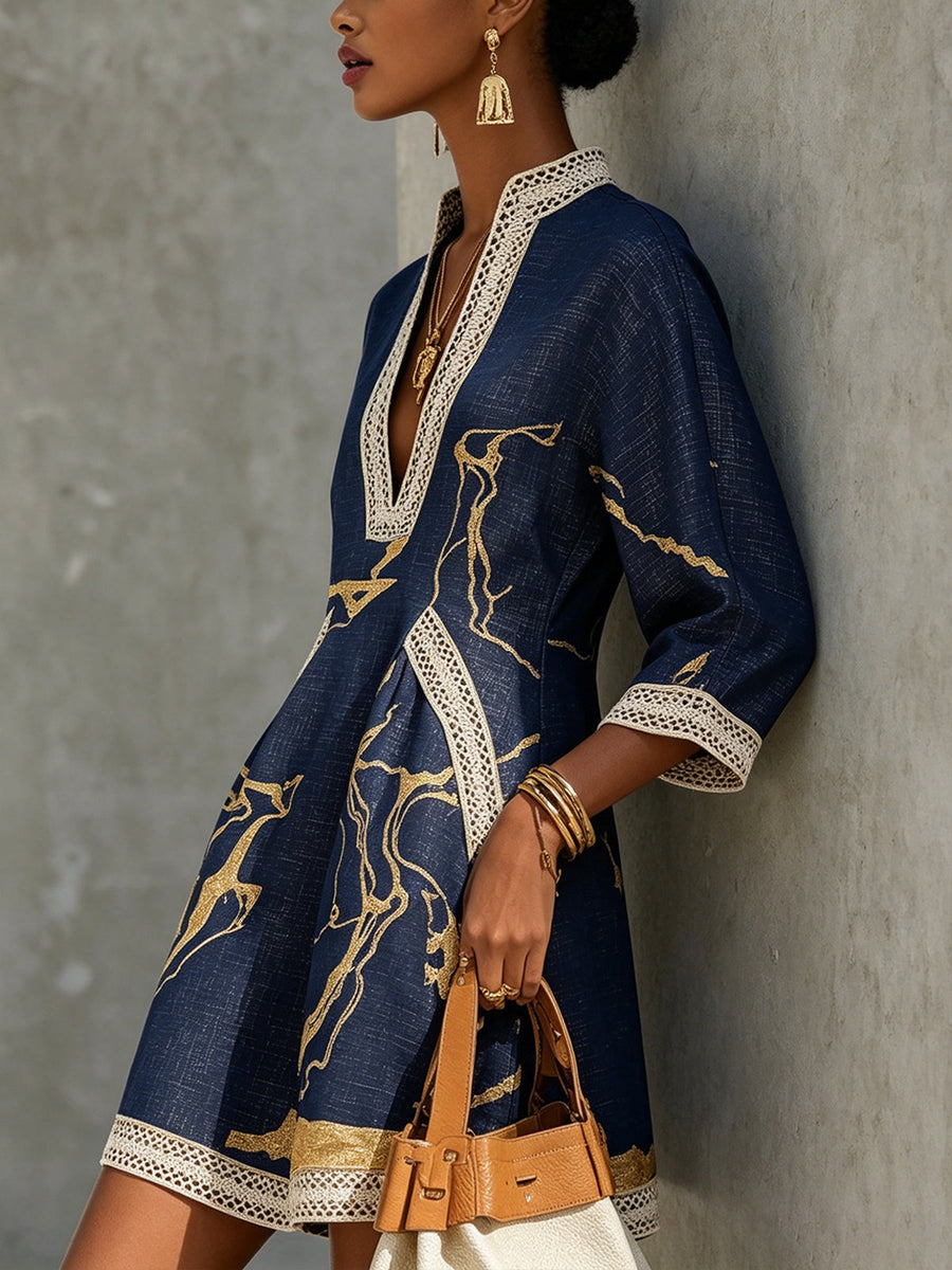 Amara | Navy Gold Printed V-neck Crochet Lace Mini Dress
