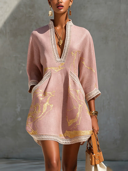 Pink Gold Printed V-Neck Mini Dress