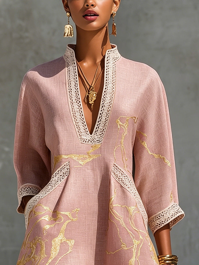 Pink Gold Printed V-Neck Mini Dress