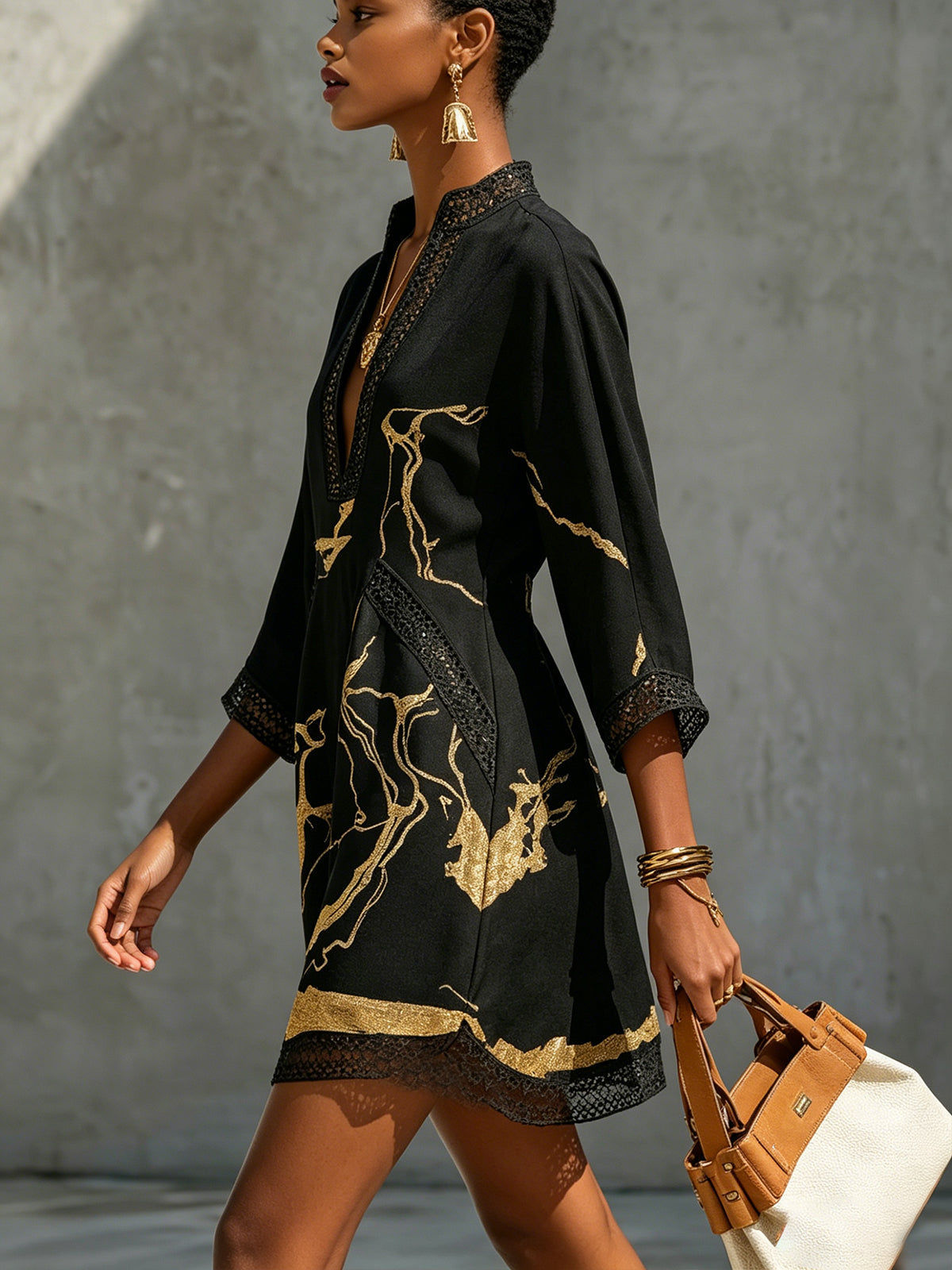 Megan | Black Gold Printed Mini Dress