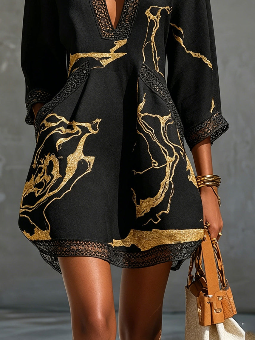 Megan | Black Gold Printed Mini Dress
