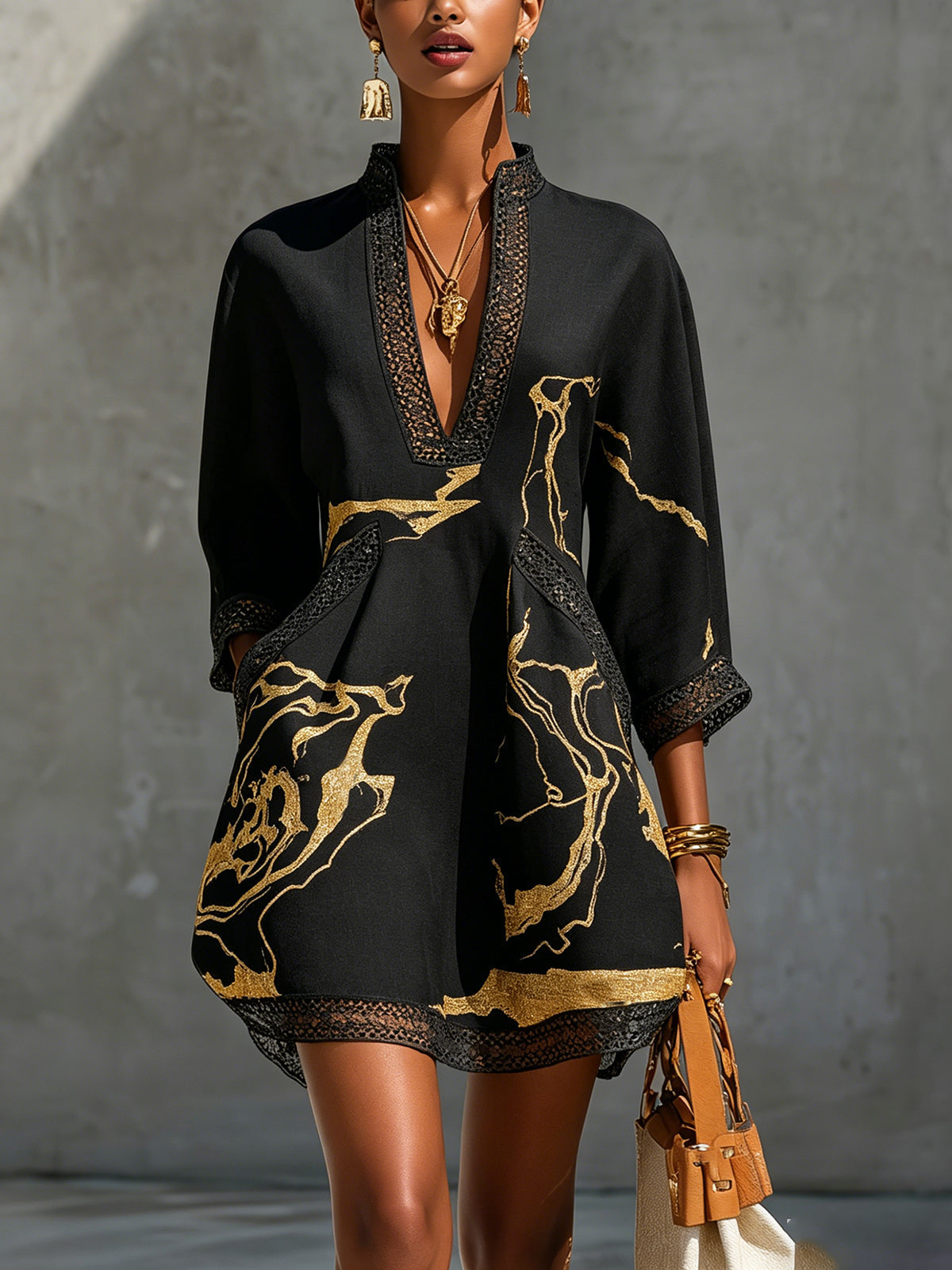 Megan | Black Gold Printed Mini Dress