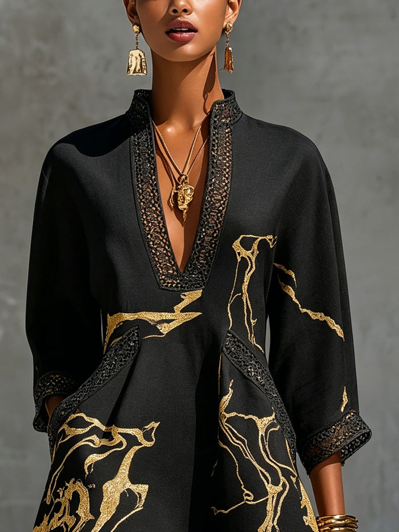 Megan | Black Gold Printed Mini Dress