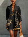 Livia | Black Gold Printed V-neck Crochet Lace Mini Dress