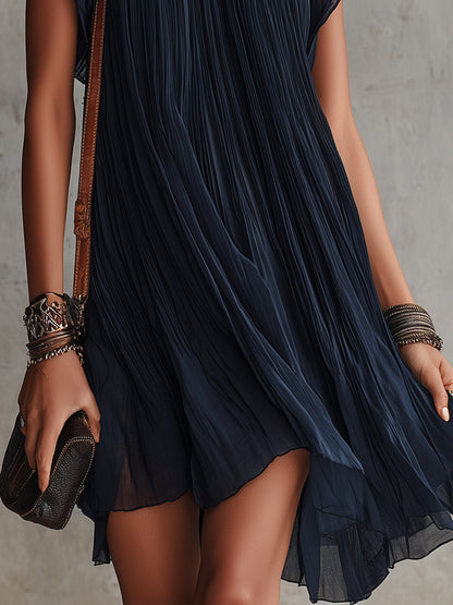 Serena | Navy Blue Floral Embroidered Pleated Chiffon Mini Dress