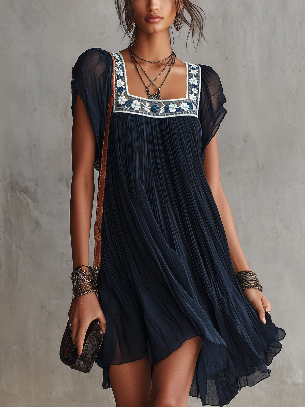 Serena | Navy Blue Floral Embroidered Pleated Chiffon Mini Dress