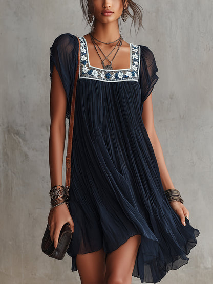 Serena | Navy Blue Floral Embroidered Pleated Chiffon Mini Dress