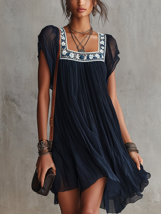 Serena | Navy Blue Floral Embroidered Pleated Chiffon Mini Dress