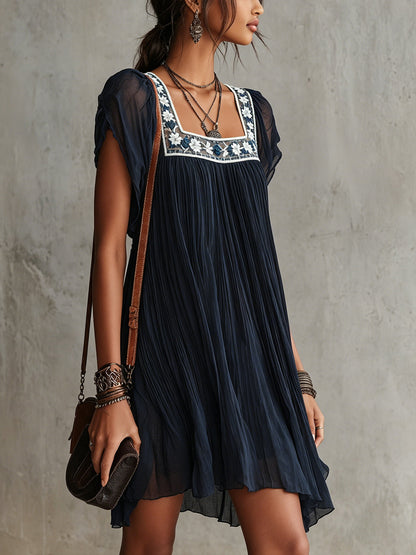 Serena | Navy Blue Floral Embroidered Pleated Chiffon Mini Dress
