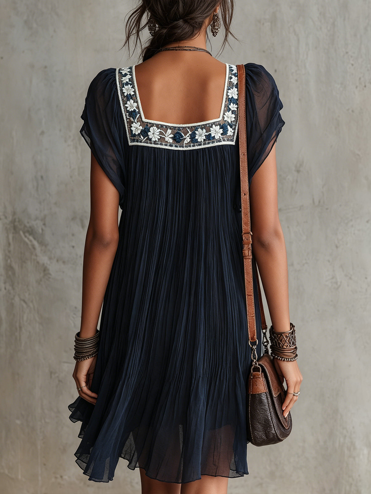 Serena | Navy Blue Floral Embroidered Pleated Chiffon Mini Dress