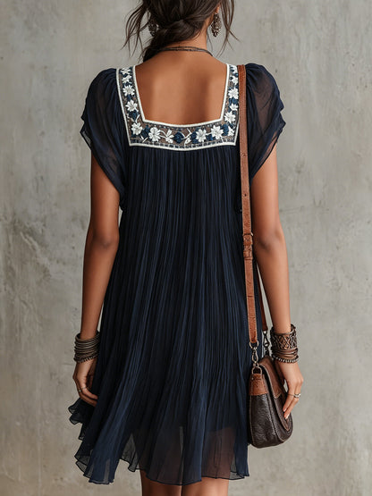 Serena | Navy Blue Floral Embroidered Pleated Chiffon Mini Dress