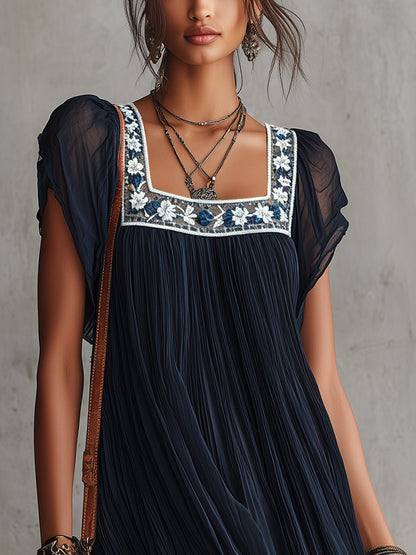 Serena | Navy Blue Floral Embroidered Pleated Chiffon Mini Dress