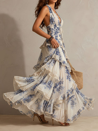Celeste | Romantic Vacation Blue and White Floral Print Halter Neck Ruffled Maxi Dress
