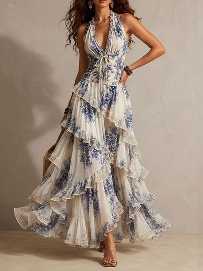 Celeste | Romantic Vacation Blue and White Floral Print Halter Neck Ruffled Maxi Dress