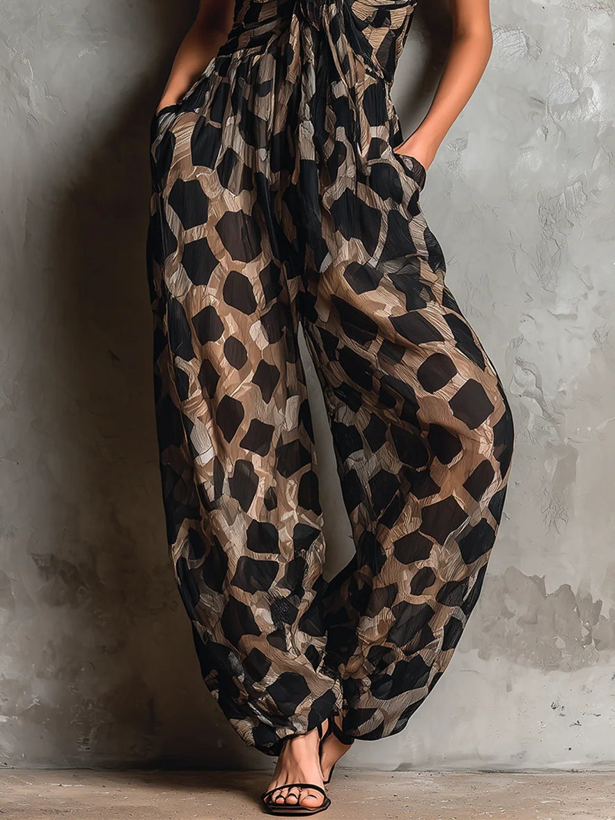 Juliette | Black Animal Print Halter-neck Loose-fitting Chiffon Wide-leg Jumpsuit