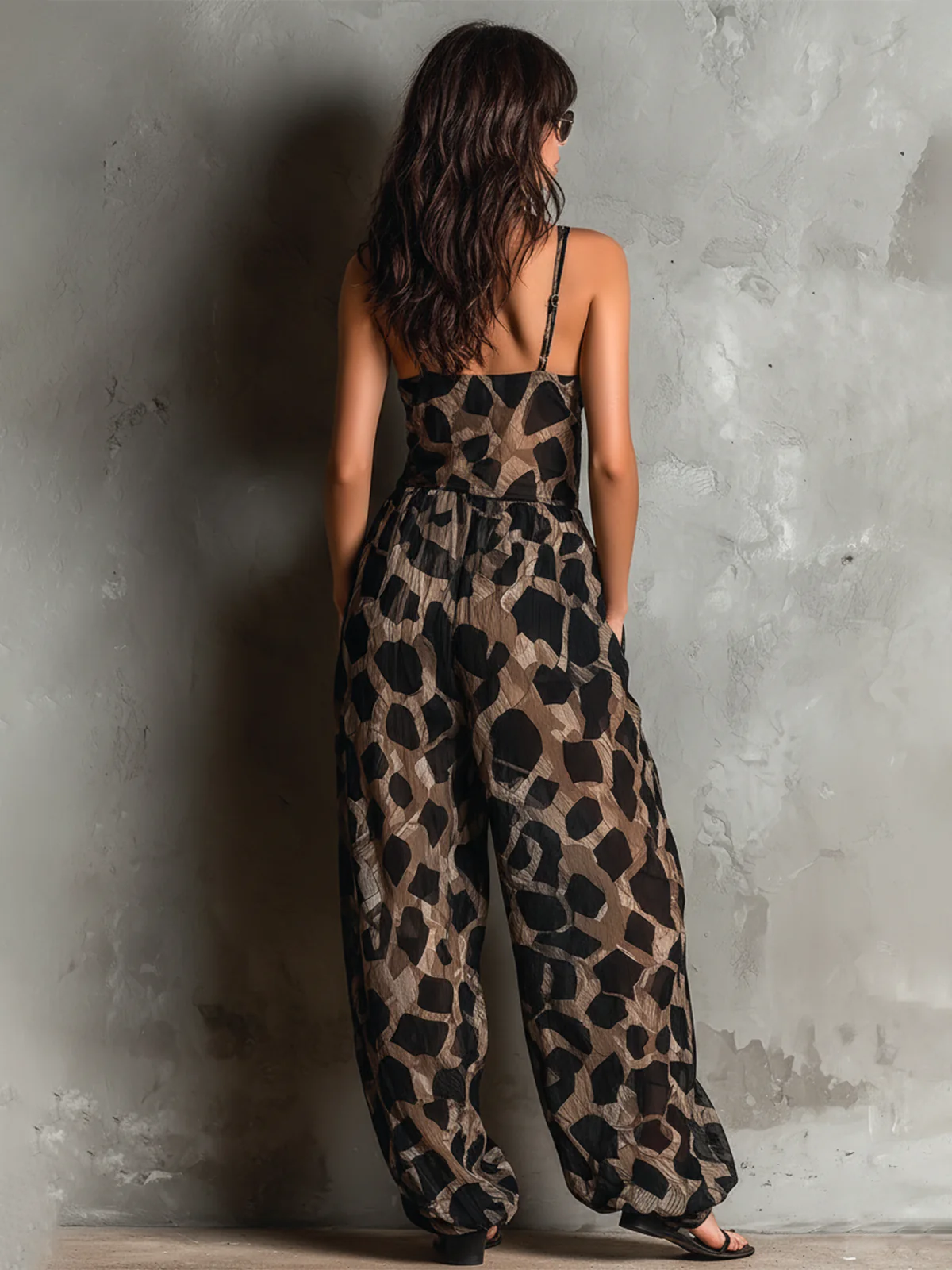 Juliette | Black Animal Print Halter-neck Loose-fitting Chiffon Wide-leg Jumpsuit