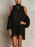 Donna | Black Pleated Chiffon Mini Dress with Off-the-shoulder Design and Red Trim