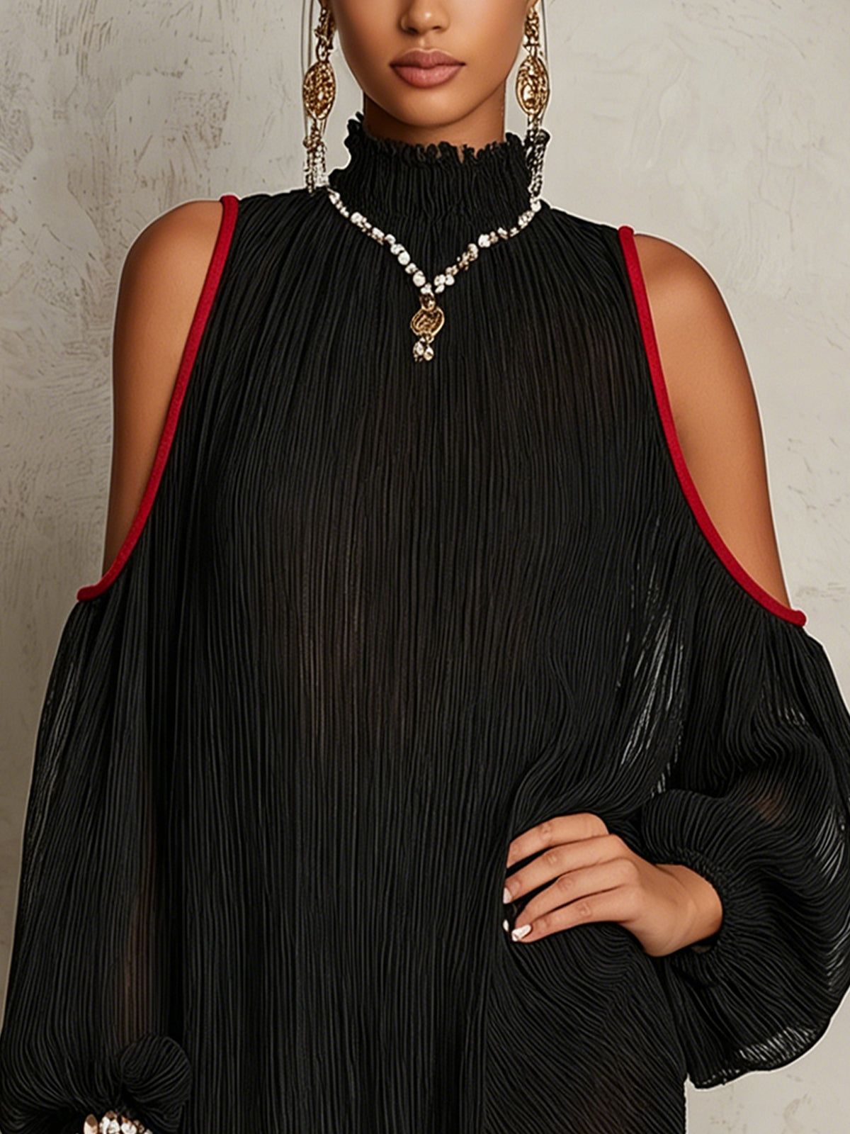 Donna | Black Pleated Chiffon Mini Dress with Off-the-shoulder Design and Red Trim