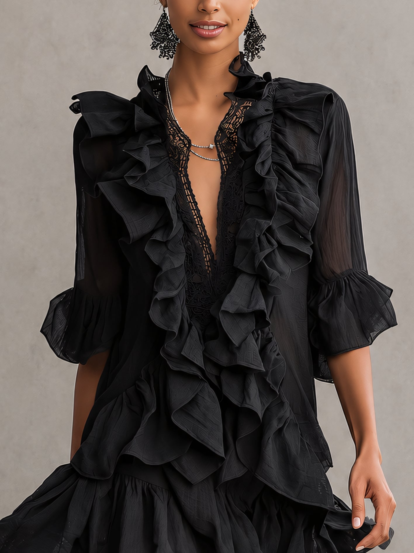 Mary | Black Mini Dress in Chiffon Lace with Ruffles
