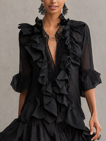 Mary | Black Mini Dress in Chiffon Lace with Ruffles