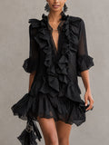 Mary | Black Mini Dress in Chiffon Lace with Ruffles