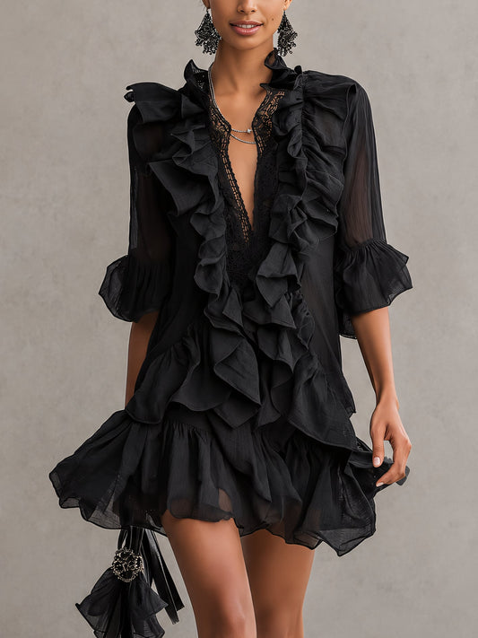 Mary | Black Mini Dress in Chiffon Lace with Ruffles