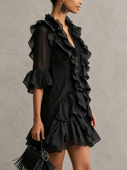Mary | Black Mini Dress in Chiffon Lace with Ruffles