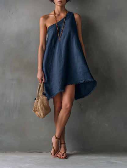 Navy Blue One-Shoulder Sleeveless Frayed Mini Dress