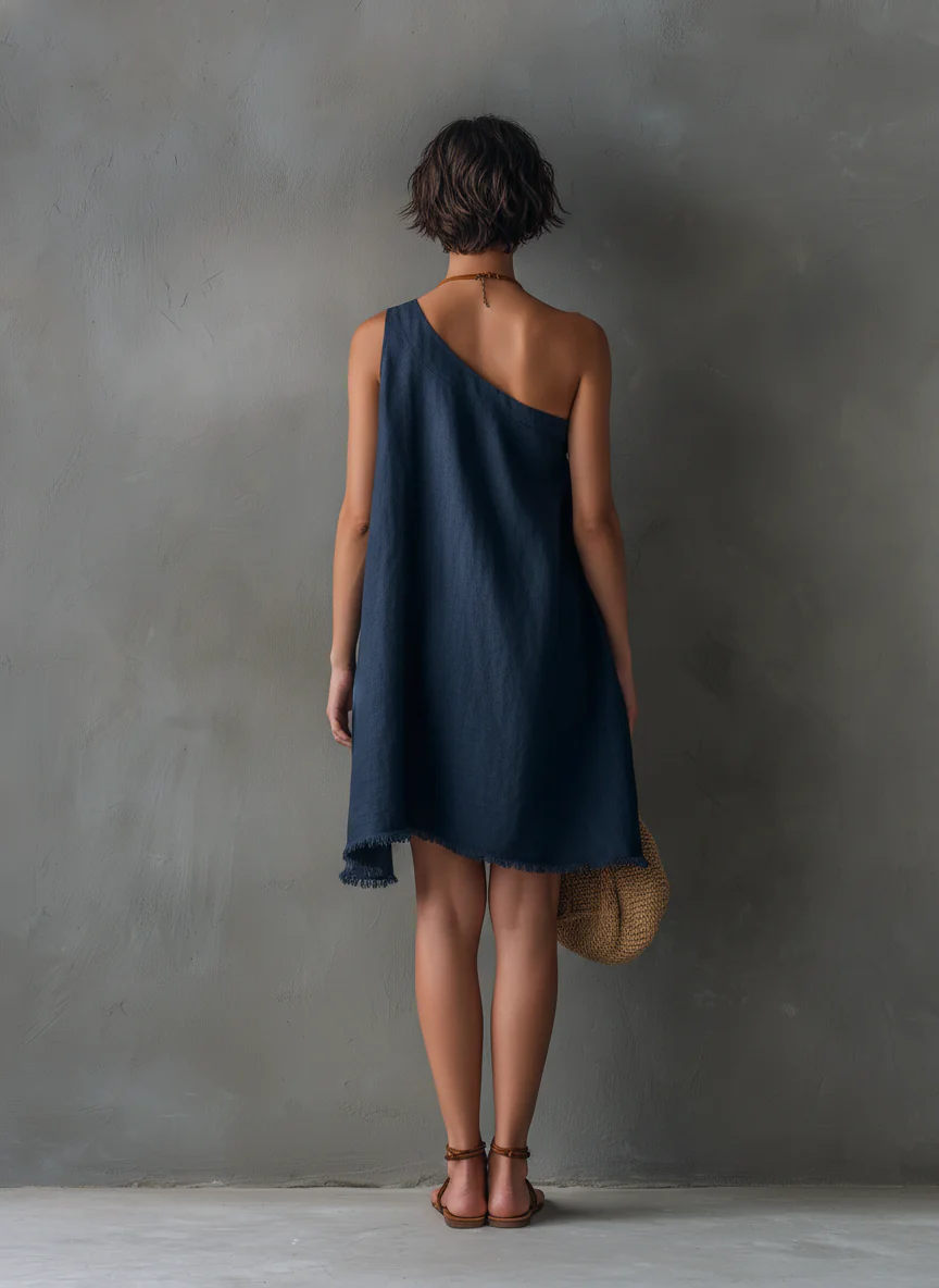 Navy Blue One-Shoulder Sleeveless Frayed Mini Dress