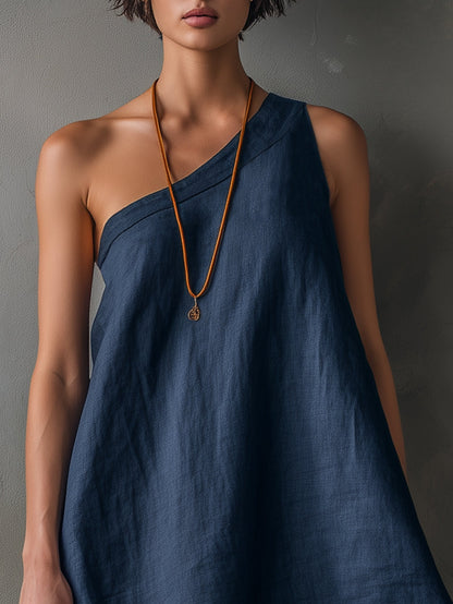 Navy Blue One-Shoulder Sleeveless Frayed Mini Dress