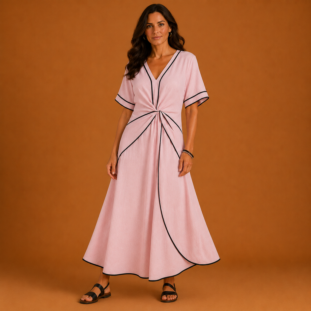 RACHEL | V Neck Short Sleeve Gathered Waist Midi Dress