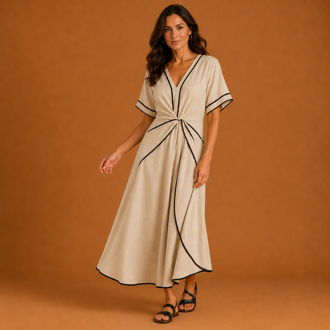 RACHEL | V Neck Short Sleeve Gathered Waist Midi Dress