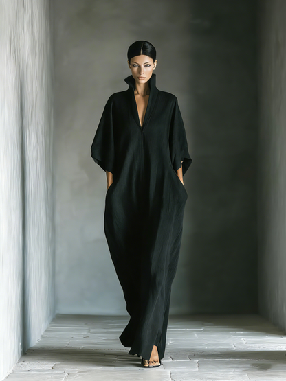Costanza | Maxi Black Dress with Kimono Sleeves and V-neck