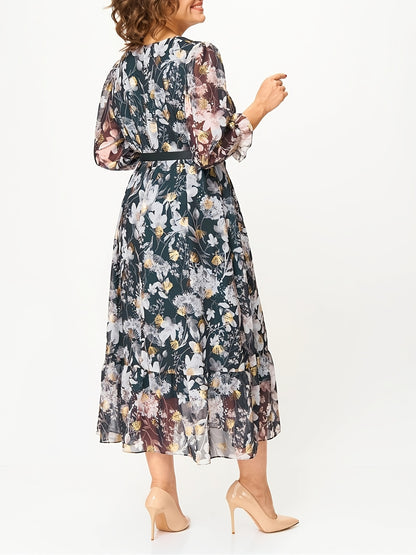 Aurelia | Golden Floral Chiffon Dress