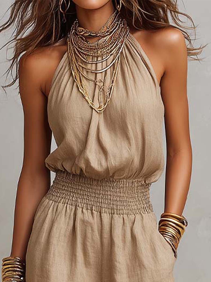 Tan Cotton-Linen Halter Wide-Leg Jumpsuit