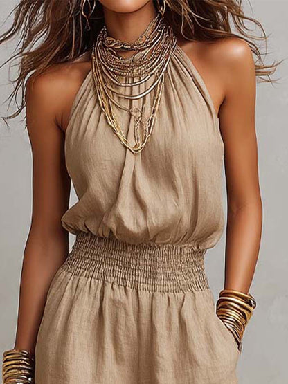 Tan Cotton-Linen Halter Wide-Leg Jumpsuit