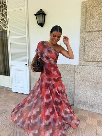 Watercolor Off-Shoulder Maxi Dress
