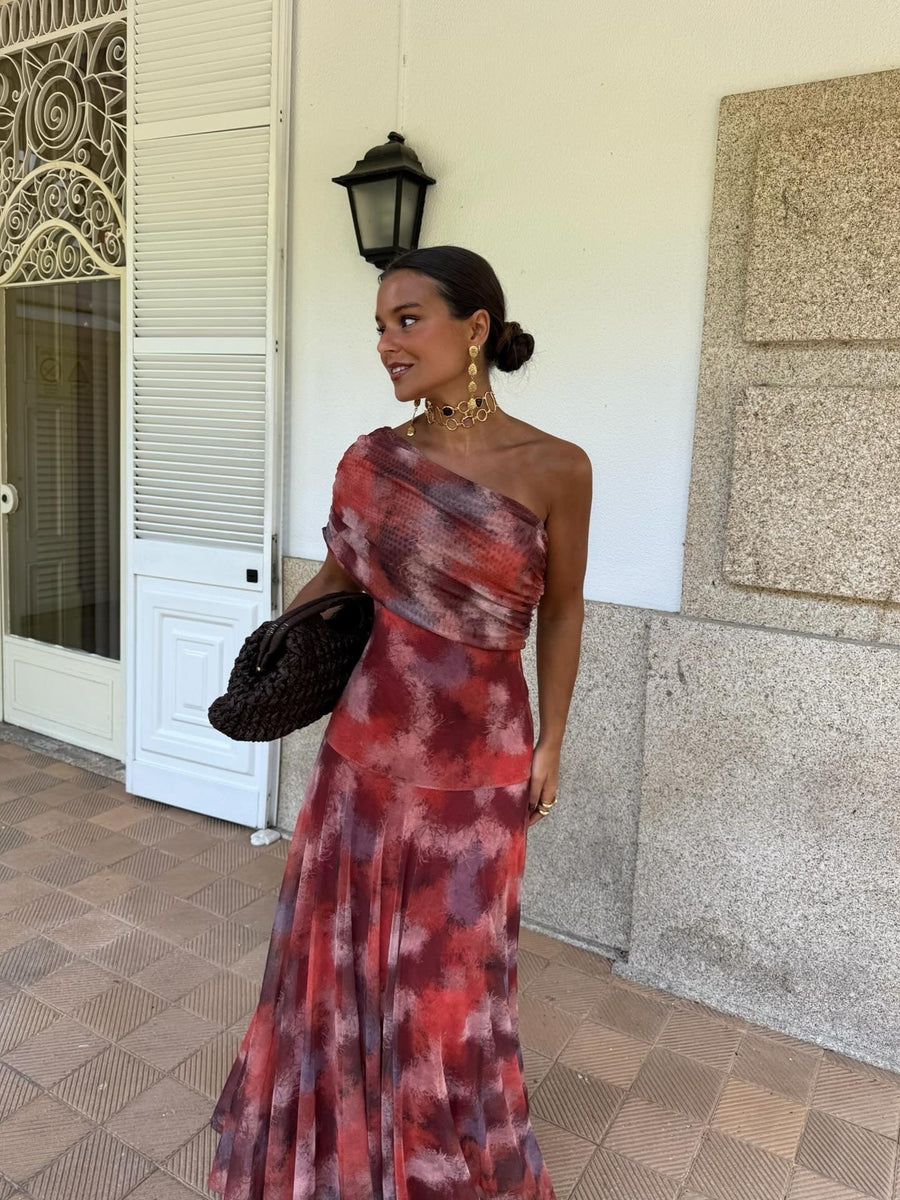 Watercolor Off-Shoulder Maxi Dress