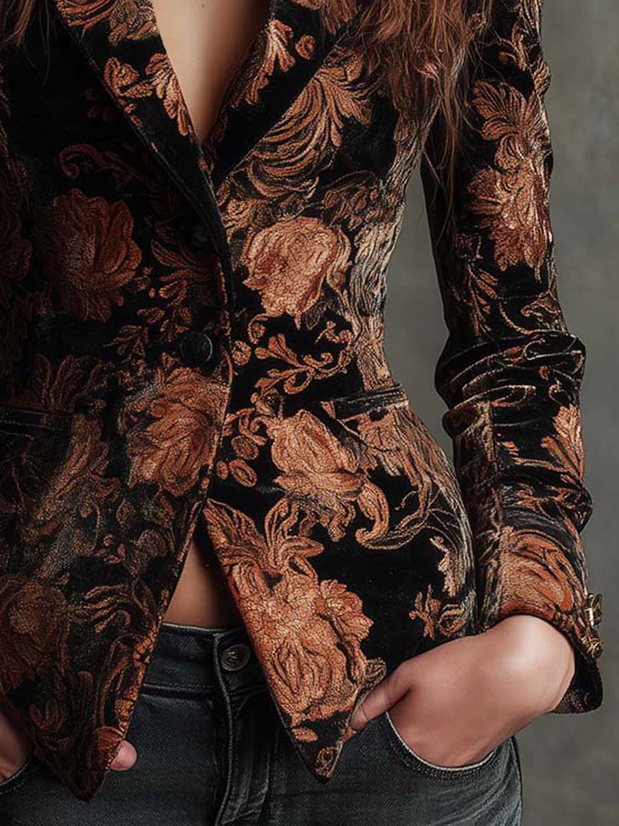 Sienna | Black and Bronze Floral Print Tailored Blazer