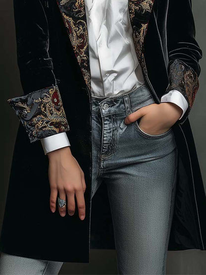 Dahlia | Black Baroque Print Lapel Slim Fit Blazer