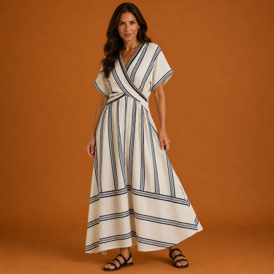 GENEVIEVE | V Neck Short Sleeve Wrap Waist Midi Dress