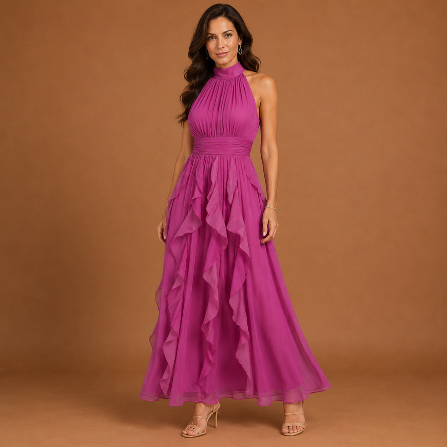 CAMILLE | High Neck Gathered Ruffle Layers Maxi Dress