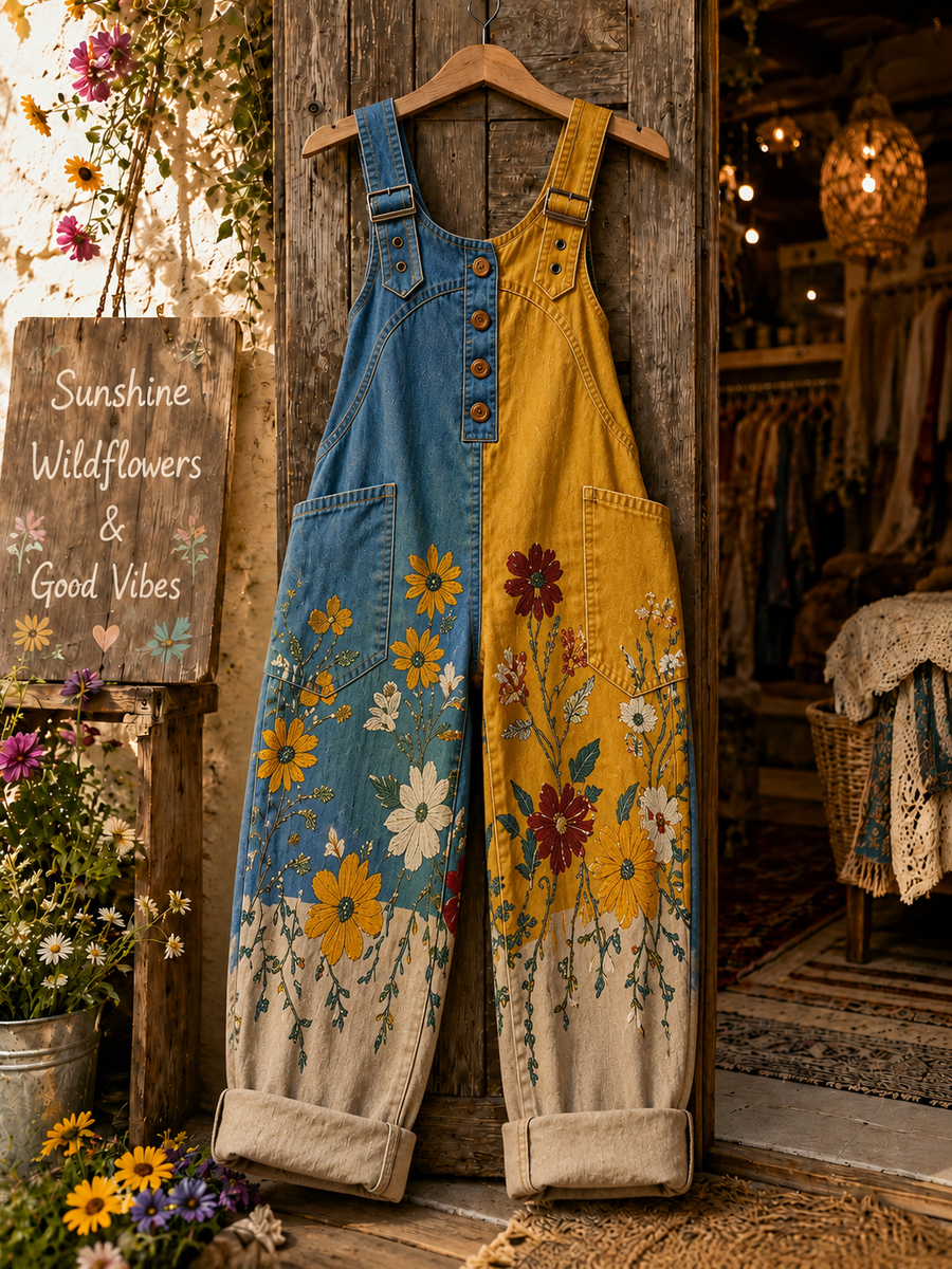 Women's Retro Style Art Print Washed Cotton Denim Patchwork Jumpsuit