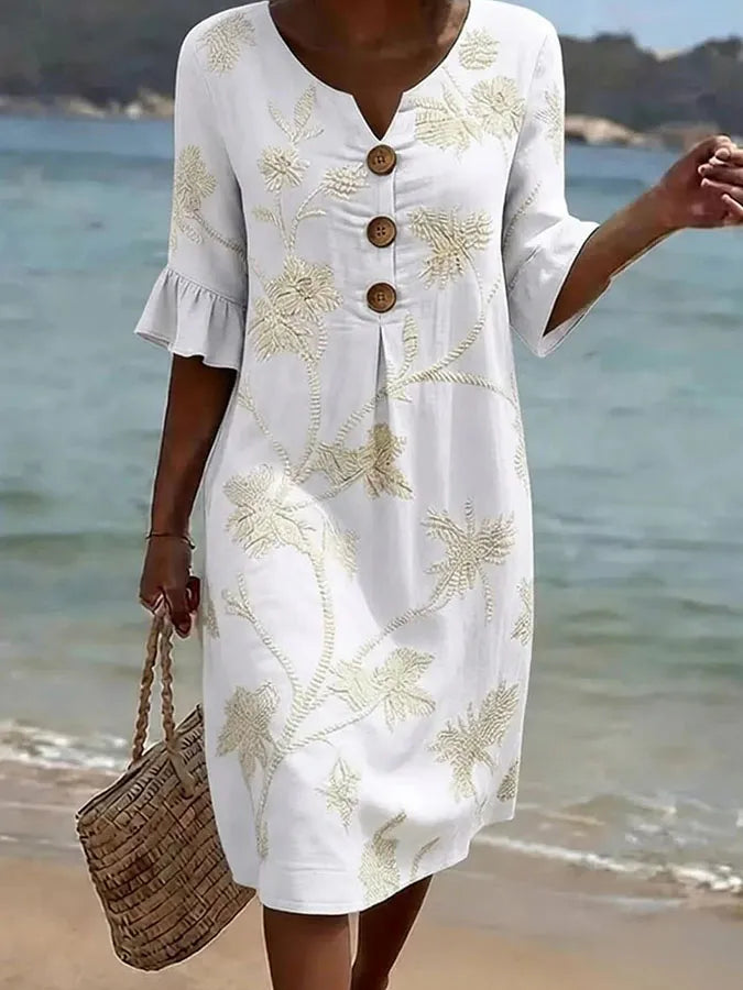 White Floral Button Midi Dress