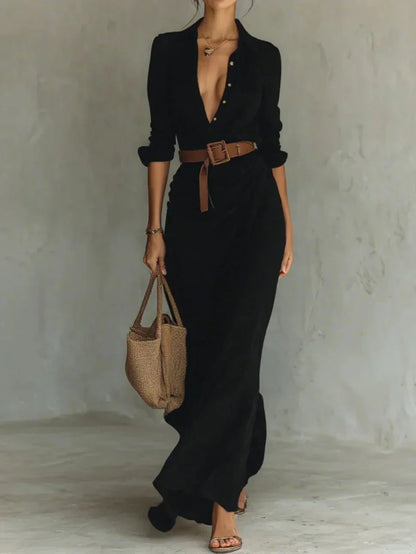 Camille | Lapel Maxi Dress with Waist Belt