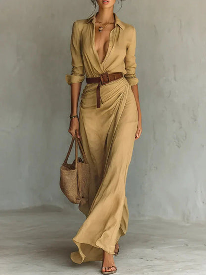 Camille | Lapel Maxi Dress with Waist Belt