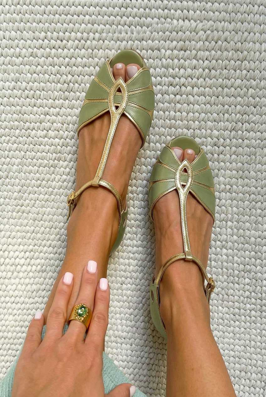 Zapatos de tacón grueso con abertura en la puntera y tiras en forma de T