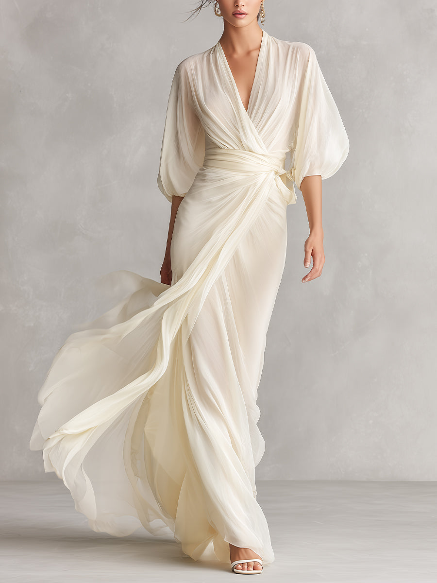 Genevieve | Ivory Chiffon Puff Sleeve Wrap Maxi Dress