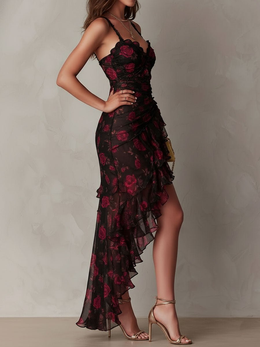 Delphine | Chic Floral Ruched Ruffle-Hem Dress